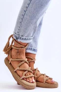 Boto Sandały Płaskie*Wiązane Sandałki Na Masywnej Platformie Ciemnobeżowe Can't Wait
