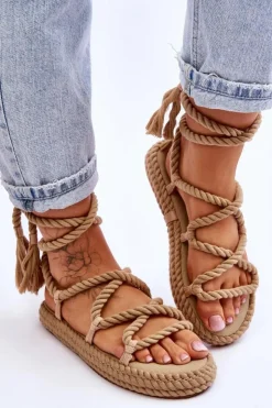 Boto Sandały Płaskie*Wiązane Sandałki Na Masywnej Platformie Ciemnobeżowe Can't Wait