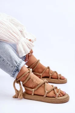 Boto Sandały Płaskie*Wiązane Sandałki Na Masywnej Platformie Ciemnobeżowe Can't Wait