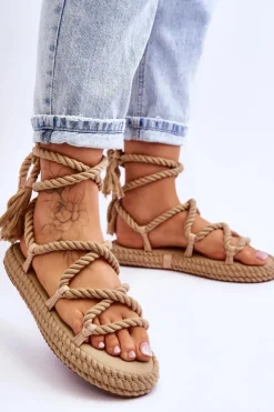 Boto Sandały Płaskie*Wiązane Sandałki Na Masywnej Platformie Ciemnobeżowe Can't Wait
