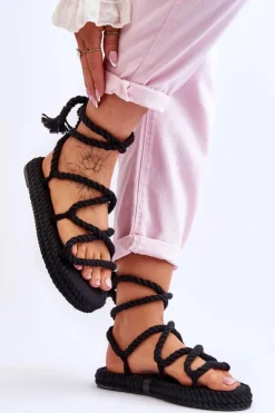 Boto Sandały Płaskie*Wiązane Sandałki Na Masywnej Platformie Czarne Can't Wait