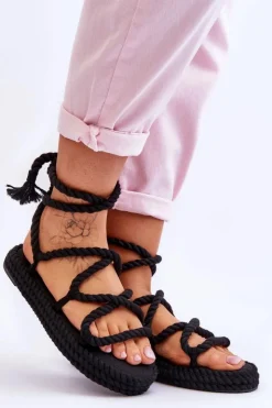 Boto Sandały Płaskie*Wiązane Sandałki Na Masywnej Platformie Czarne Can't Wait