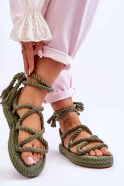 Boto Sandały Płaskie*Wiązane Sandałki Na Masywnej Platformie Zielone Can't Wait