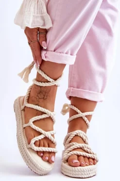 Boto Sandały Płaskie*Wiązane Sandałki Na Masywnej Platformie Beżowe Can't Wait