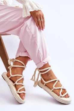 Boto Sandały Płaskie*Wiązane Sandałki Na Masywnej Platformie Beżowe Can't Wait