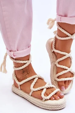 Boto Sandały Płaskie*Wiązane Sandałki Na Masywnej Platformie Beżowe Can't Wait