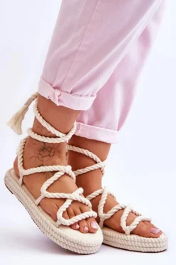 Boto Sandały Płaskie*Wiązane Sandałki Na Masywnej Platformie Beżowe Can't Wait