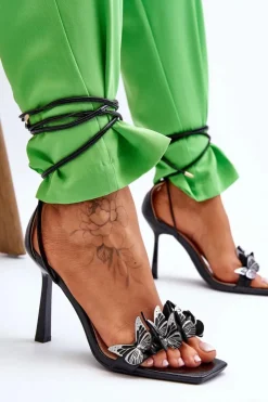 Online Boto Wiązane Sandałki Na Szpilce Z Motylami Czarne Delmar