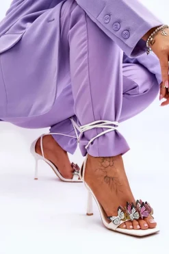 Damskie Boto Wiązane Sandałki Na Szpilce Z Motylami Białe Delmar