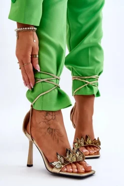 Boto Sandały Na Obcasie*Wiązane Sandałki Na Szpilce Z Motylami Złote Delmar