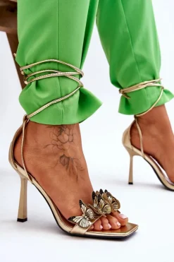 Boto Sandały Na Obcasie*Wiązane Sandałki Na Szpilce Z Motylami Złote Delmar