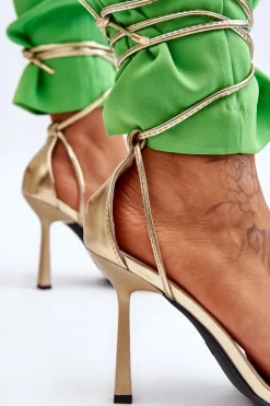 Boto Sandały Na Obcasie*Wiązane Sandałki Na Szpilce Z Motylami Złote Delmar