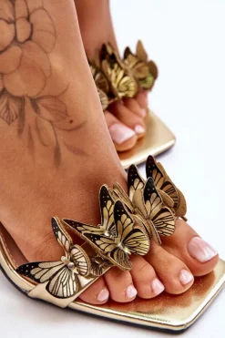 Boto Sandały Na Obcasie*Wiązane Sandałki Na Szpilce Z Motylami Złote Delmar