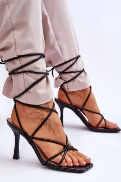 Clearance Boto Wiązane Sandałki Na Szpilce Czarne Savage