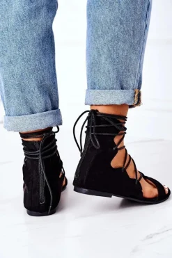 Damskie Boto Wiązane Sandały Gladiatorki Lu Boo Czarne