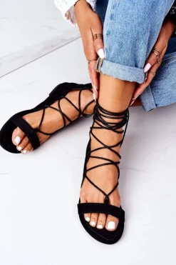 Damskie Boto Wiązane Sandały Gladiatorki Lu Boo Czarne