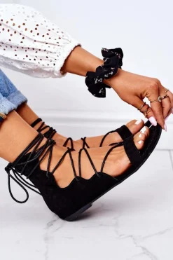 Damskie Boto Wiązane Sandały Gladiatorki Lu Boo Czarne