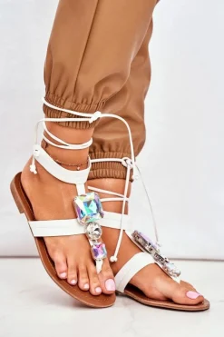 Damskie Boto Wiązane Sandały Gladiatorki Z Kryształkami Białe Volare