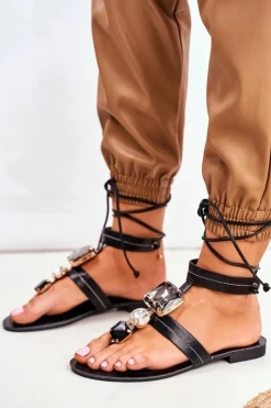 New Boto Wiązane Sandały Gladiatorki Z Kryształkami Czarne Volare