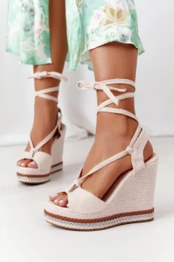 Damskie Boto Wiązane Sandały Na Koturnie Beżowe Hawaii