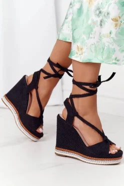 Boto Sandały Na Koturnie*Wiązane Sandały Na Koturnie Czarne Hawaii