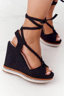 Boto Sandały Na Koturnie*Wiązane Sandały Na Koturnie Czarne Hawaii