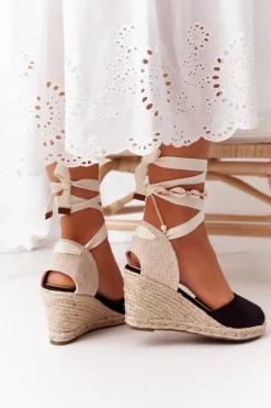 Outlet Boto Wiązane Sandały Na Koturnie Z Plecionką Czarne Nelly