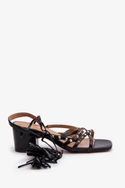 Damskie Evento Wiązane Sandały Na Niskim Obcasie Ozdobione Ćwiekami Czarne Chrisele