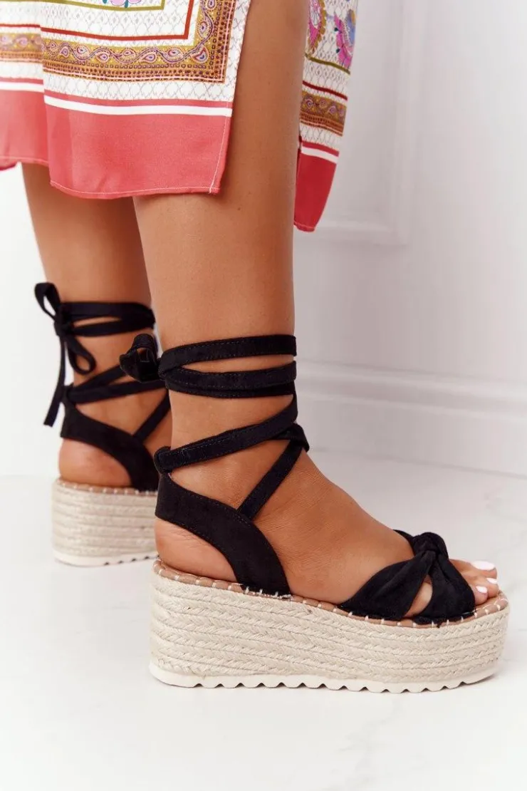 Sale Boto Wiązane Sandały Na Platformie Z Plecionką Czarne La Palma