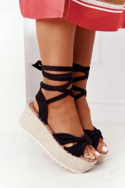 Sale Boto Wiązane Sandały Na Platformie Z Plecionką Czarne La Palma