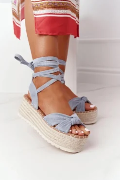 Sale Boto Wiązane Sandały Na Platformie Z Plecionką Niebieskie La Palma