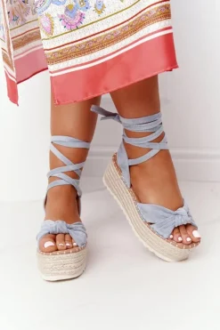 Sale Boto Wiązane Sandały Na Platformie Z Plecionką Niebieskie La Palma