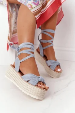 Sale Boto Wiązane Sandały Na Platformie Z Plecionką Niebieskie La Palma