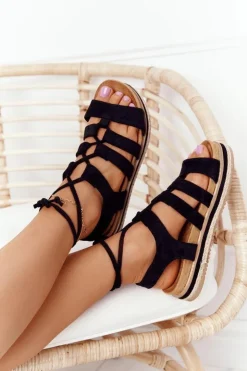 Damskie Boto Wiązane Sandały Na Platformie Czarne Santorini