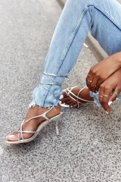 Damskie Boto Wiązane Sandały Na Szpilce Z Kwadratowym Noskiem Srebrne Runway