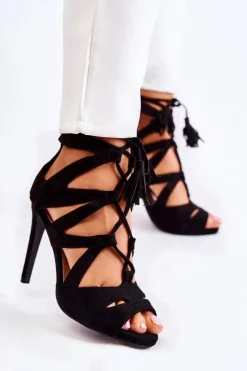 Damskie Boto Wiązane Sandały Na Szpilce Czarne Galla