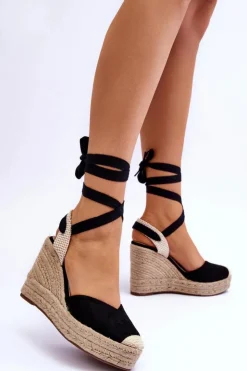 Damskie Boto Wiązane Sandały Na Wysokim Koturnie Czarne Lendy