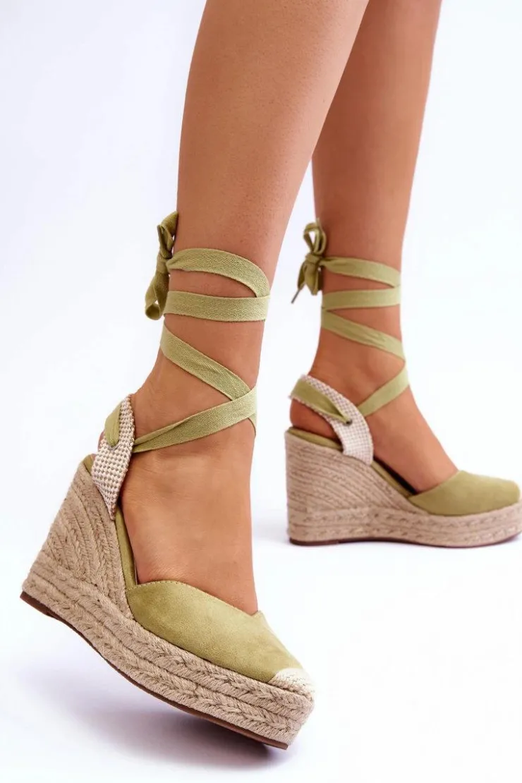 Boto Sandały Na Koturnie*Wiązane Sandały Na Wysokim Koturnie Zielone Lendy Zielony