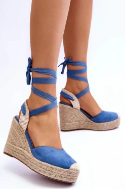 Online Boto Wiązane Sandały Na Wysokim Koturnie Niebieskie Lendy