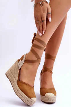 Damskie Boto Wiązane Sandały Na Wysokim Koturnie Camel Lendy