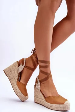 Damskie Boto Wiązane Sandały Na Wysokim Koturnie Camel Lendy