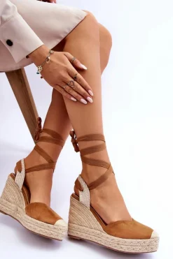 Damskie Boto Wiązane Sandały Na Wysokim Koturnie Camel Lendy
