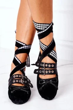 Boto Baleriny Klasyczne*Wiązane Welurowe Baleriny Lu Boo Czarne