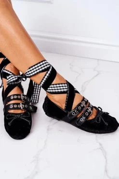 Boto Baleriny Klasyczne*Wiązane Welurowe Baleriny Lu Boo Czarne