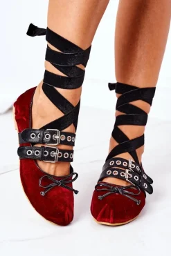 Best Boto Wiązane Welurowe Baleriny Lu Boo Bordowe