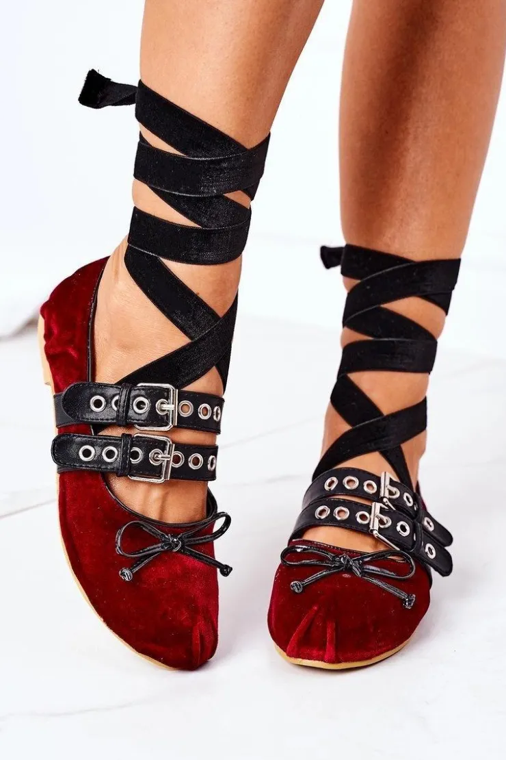 Best Boto Wiązane Welurowe Baleriny Lu Boo Bordowe