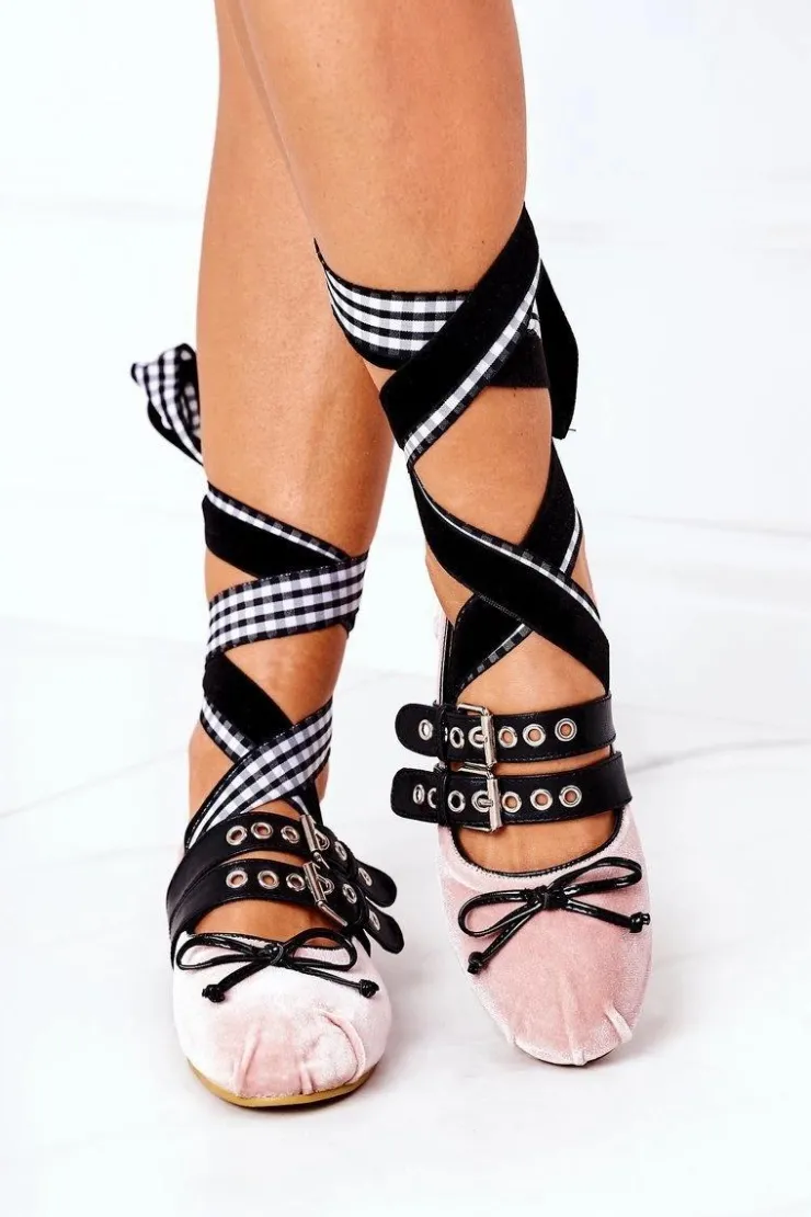 Clearance Boto Wiązane Welurowe Baleriny Lu Boo Różowe