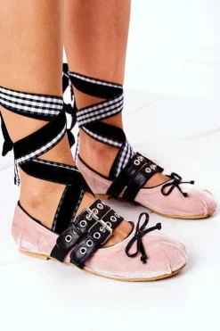 Clearance Boto Wiązane Welurowe Baleriny Lu Boo Różowe