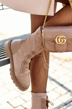 Damskie Boto Wiązane Zamszowe Botki Damskie Beżowe Marirla