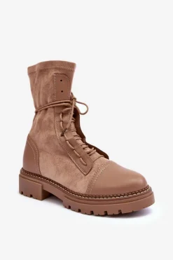 Damskie Boto Wiązane Zamszowe Botki Damskie Beżowe Marirla